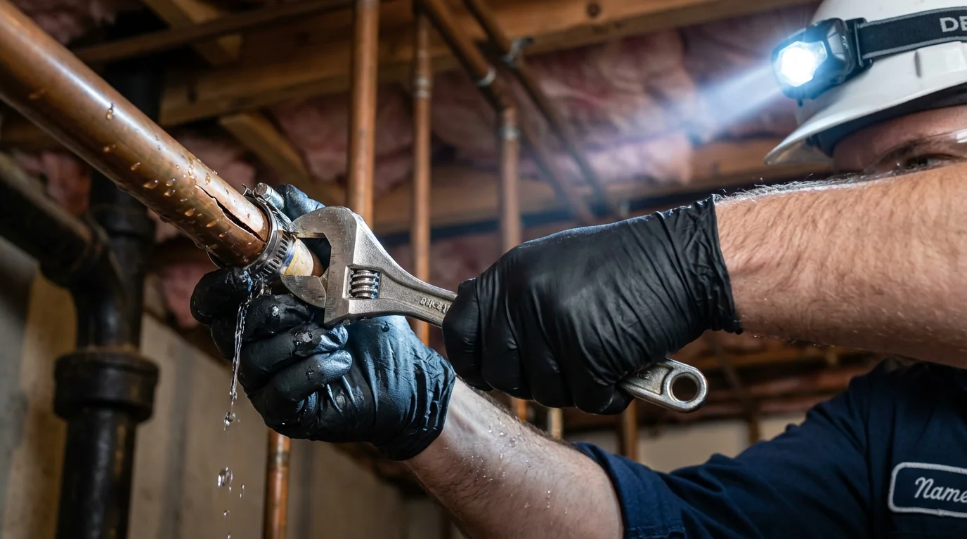 Emergency pipe clamp repair being performed by a Johns Plumbing LLC plumber in Colton