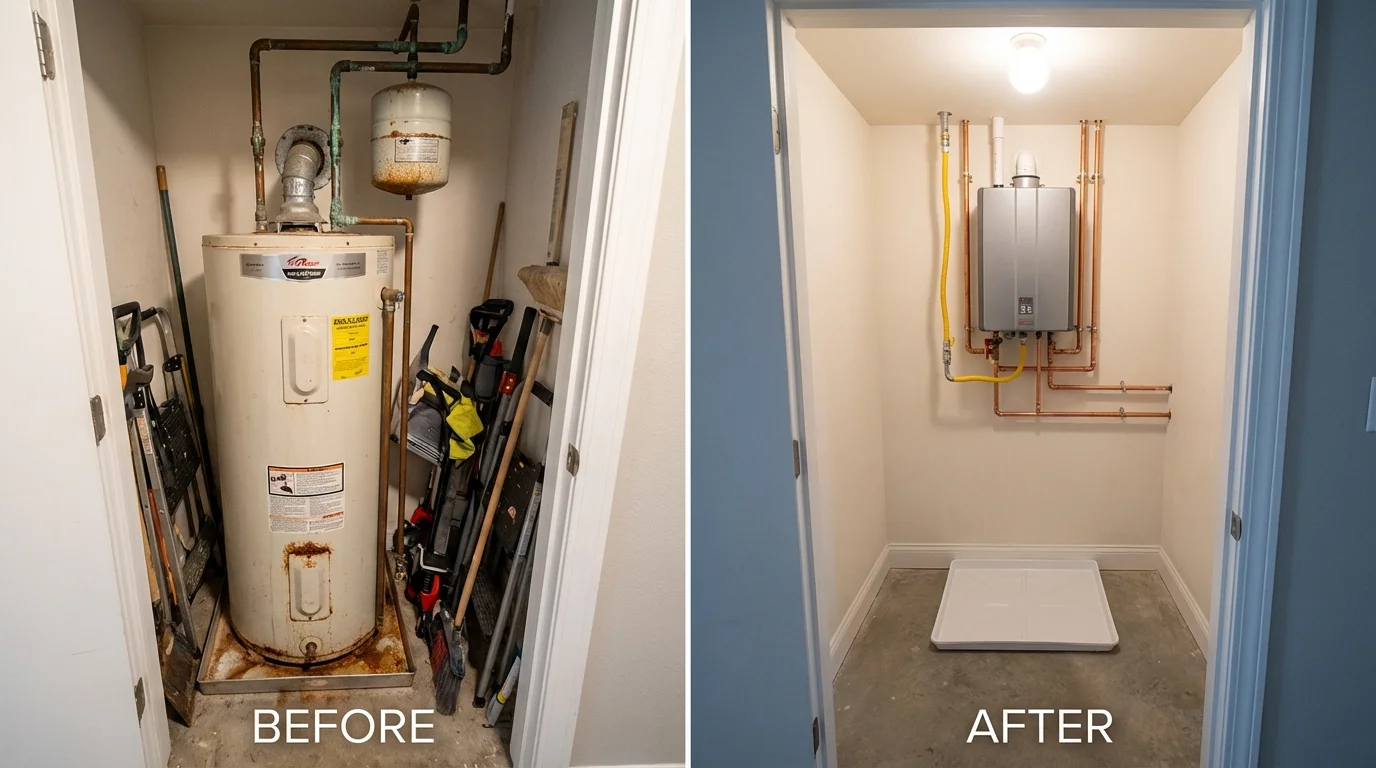 Tank water heater versus wall-mounted tankless unit comparison for Colton, CA homeowners