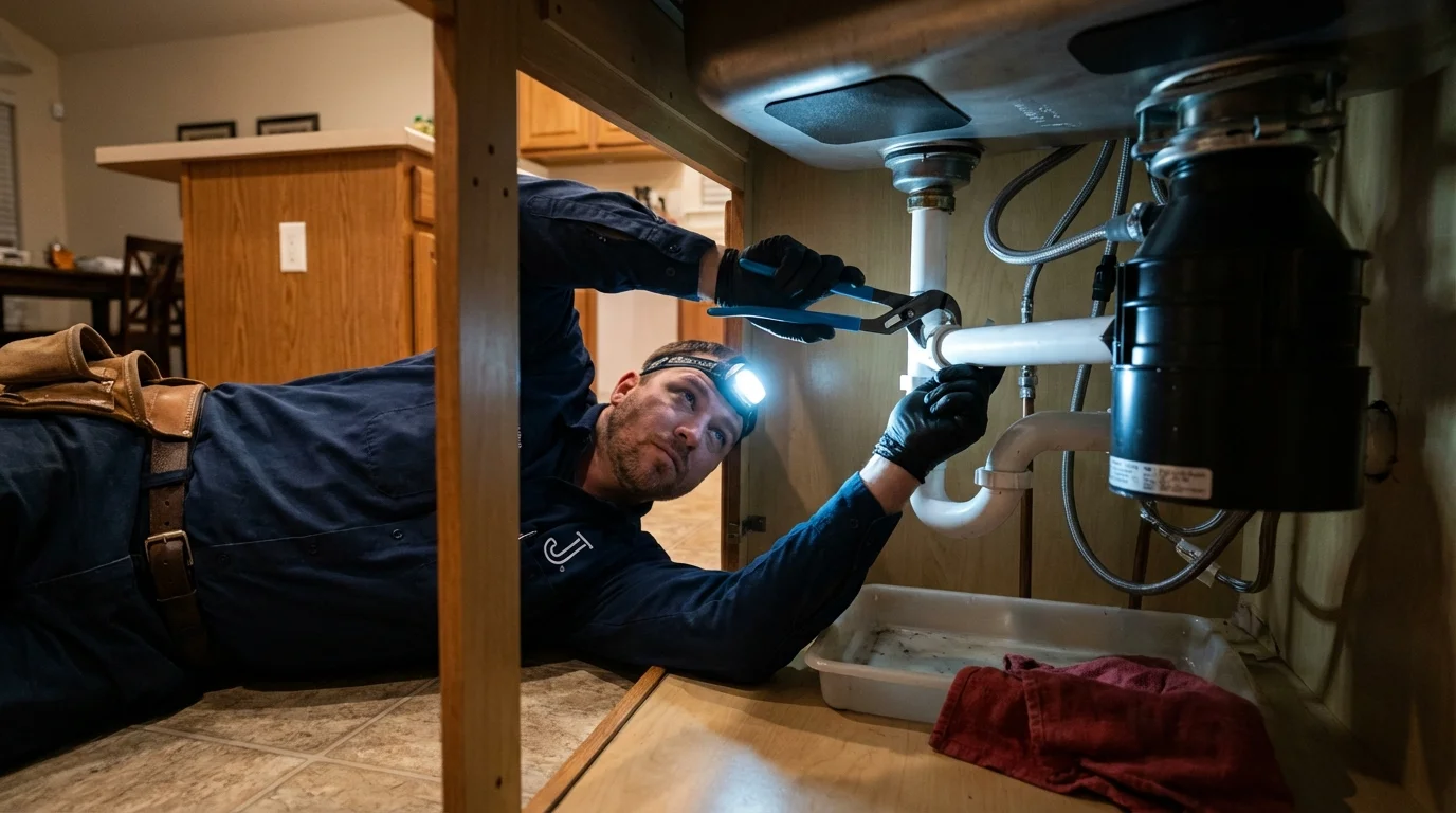 P-trap and supply line connections under a kitchen sink showing a common leak point in Colton, CA
